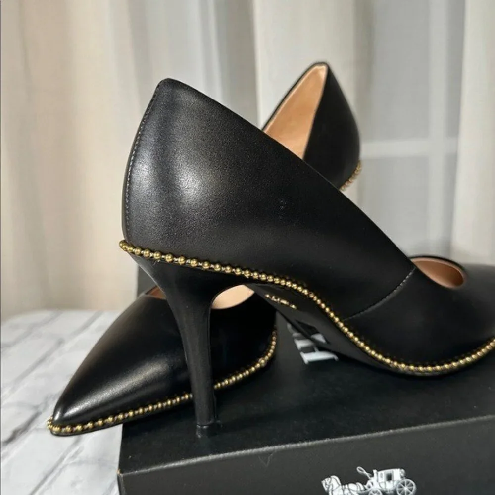 Coach Waverly Beadchain Leather Heels Black Gold Shoes - Picture 10 of 16
